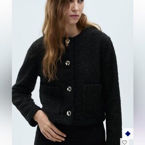 Mango Black Bouclé Crewneck Jacket with Silver Buttons